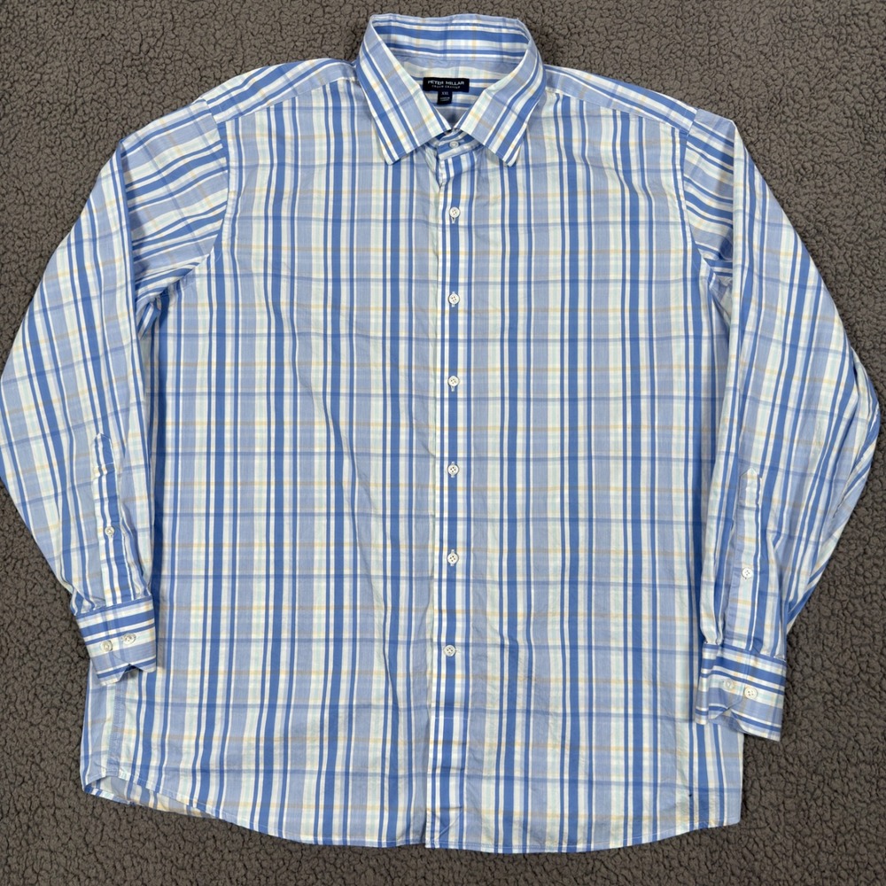 Peter Millar Crown Crafted Button Down Shirt Mens XXL Blue White Plaid Cotton